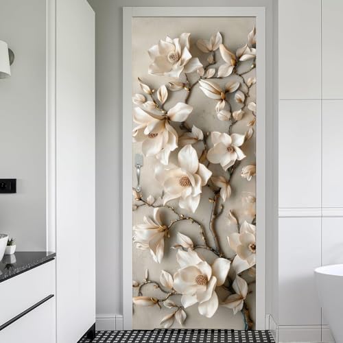 REDAMANCY Embossed Magnolia Floral Tree Plant Peel and Stick Door Stickers Vinyl 3D Door Mural Decals Decor Wallpaper Self-Adhesive, Waterproof, Removable - color: Mta-20
