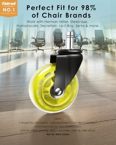 RidRed Gaming Chair Wheels - Heavy-Duty Office Chair Wheels - Replacement Rubber Casters- Universal Fit 3 Inch Chair Casters, Noise Free, Fits 98% Chair, for All Floor - color: Yellow