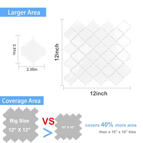 Arabesque Peel and Stick Backsplash for Kitchen, Thicker Design 3D Self Adhesive Wall Tile, 12"x12" Peel and Stick Wall Tiles, 10-Sheet Stick on Tiles for Kitchen and Bathroom (White) - color: White