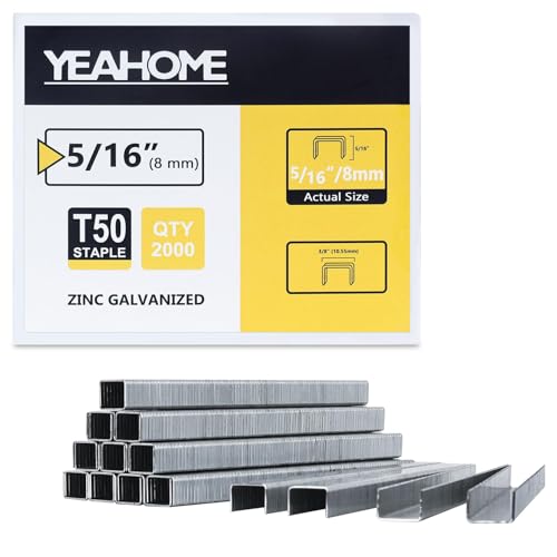 YEAHOME Heavy Duty Staples, 2000 Counts 5/16 inch T50 Staples, 20 Gauge Galvanized 3/8 Inch Crown Upholstery Staple for Pneumatic, Electric T50 Staple Gun - size: 5/16 inch