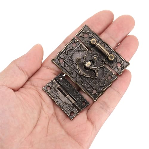 uxcell 2pcs Retro Bronze Alloy Latch Locks and 4pcs Engraved Hinges, 51 x 44mm Latch Buckle and Pattern Hinge with 24pcs Screws for Decorative Cabinet Small Wooden Box - size: 51 x 44mm