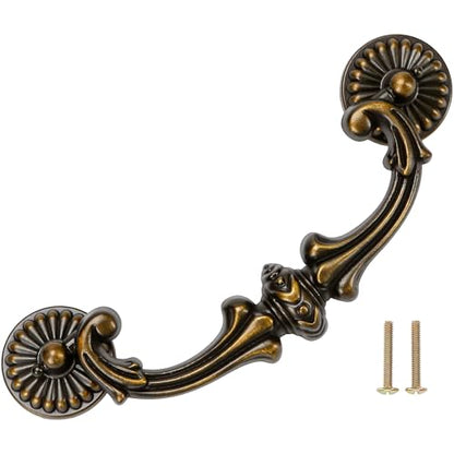 Antique Brass Drop Bail Pulls 5 Inch Hole Spacing – Vintage Handle for Dresser, Cabinet, Wardrobe – 128mm C-C Bail Pull, Bronze Metal Hardware, Shabby Chic Floral Knobs Replacement