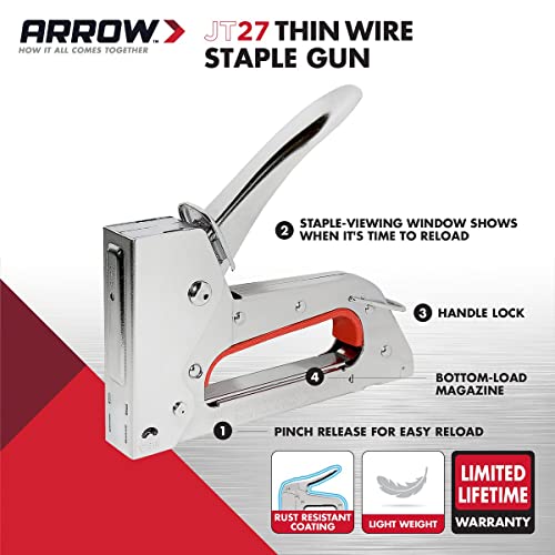 Arrow JT27 Light Duty Staple Gun for Upholstery, Crafts, Office, Fits 1/4", 5/16”, or 3/8" Thin Wire Staples.