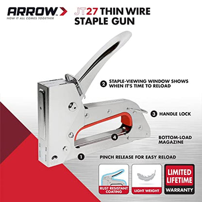 Arrow JT27 Light Duty Staple Gun for Upholstery, Crafts, Office, Fits 1/4", 5/16”, or 3/8" Thin Wire Staples.