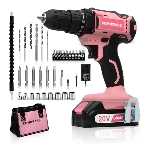 COMOWARE Cordless Drill Set, 20V Pink Power Drill Set for Women, 1 Battery & Charger, 3/8" Keyless Chuck, 2 Variable Speed, 266 In-lb Torque, 25+1 Position, with Pink Storage Bag - color: Pink1