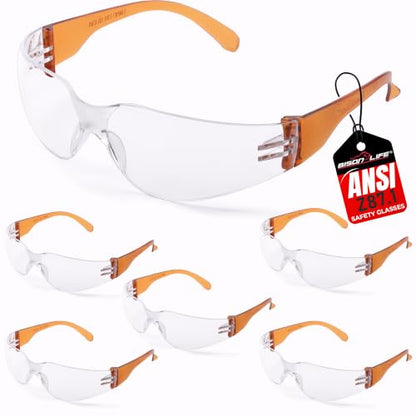 BISON LIFE Clear/Orange Safety Glasses for Men & Women, ANSI Z87.1, 6 Pack - color: Clear/Orange