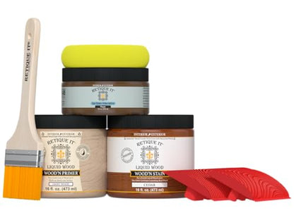 Retique It Wood Finish Multi-Purpose Kit - GO Beyond Faux Wood with Paintable Liquid Wood Based Primer and Gel Stain - Graining Tools Included (2X 16oz, Cedar) - color: 42 Cedar, size: Medium Kit