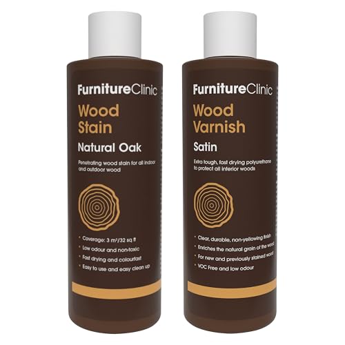 Furniture Clinic 8.5oz Natural Oak Wood Stain + 250ml Satin Wood Varnish | Water Based | Fast Drying, Low Odor, & Non-Toxic | for Indoor & Outdoor Furniture and More