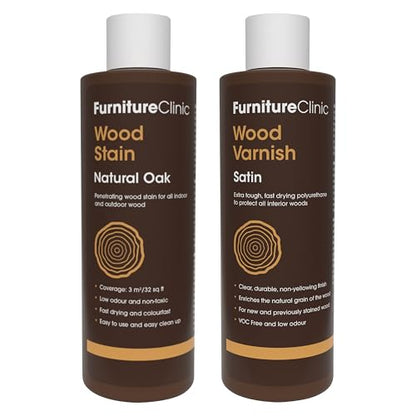 Furniture Clinic 8.5oz Natural Oak Wood Stain + 250ml Satin Wood Varnish | Water Based | Fast Drying, Low Odor, & Non-Toxic | for Indoor & Outdoor Furniture and More