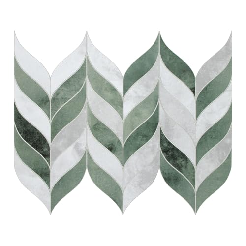 sunwings 10-Sheet Leaf Waterjet Peel and Stick Backsplash, 12.4" x 10.7" Green Cement Looks Self-Adhesive Wall Tiles, Stick on Backsplash for Kitchen & Bathroom - color: Green