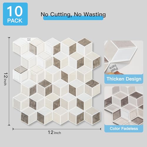 Art3d Peel and Stick Backsplash, 3D Hexagon Wall Tile, 10-Pack, Light Brown