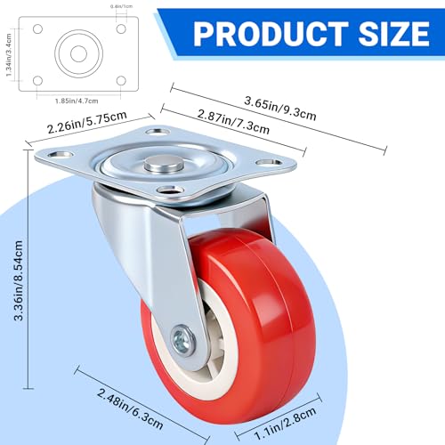 2.5 Inch Caster Wheels Set of 4, 4 Swivel, Red PU, Plate Mount - size: 2.5 Inch