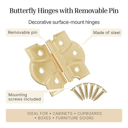 Polished Brass Butterfly Hinges with Removable Pin - Pack of 2 - Surface Mount Cabinet Door Hinges - UA-261-HPB (1) - color: Brass