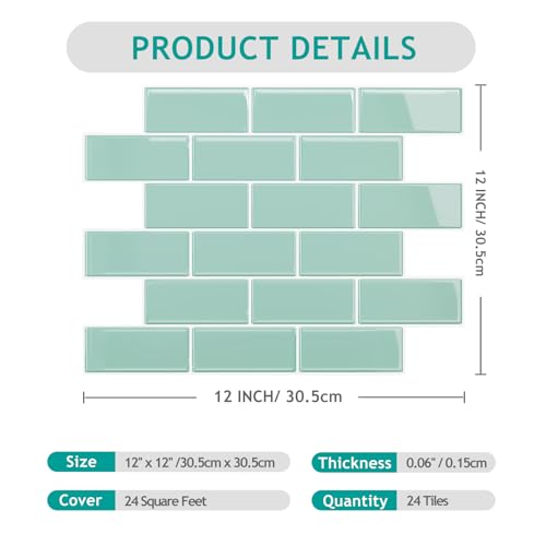 VEELIKE Aqua Green Subway Peel and Stick Backsplash Tile 24 Sheets Back Splashes for Kitchens Peel and Stick Green Wall Tiles 12''x12'' Waterproof Adhesive Backsplash Tiles for Bathroom Laundry Room - size: Box of 24 Tiles