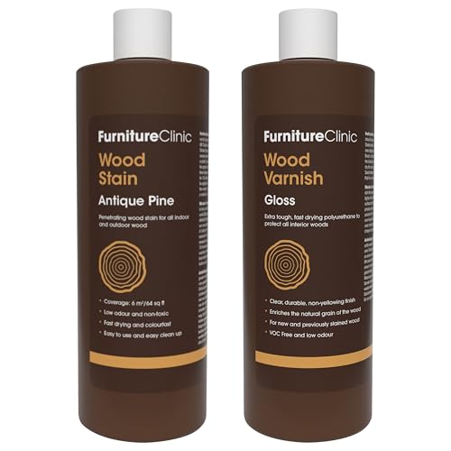 Furniture Clinic 17 oz Antique Pine Wood Stain + 500ml Gloss Wood Varnish | Water Based | Fast Drying, Low Odor, & Non-Toxic | for Indoor & Outdoor Furniture and More