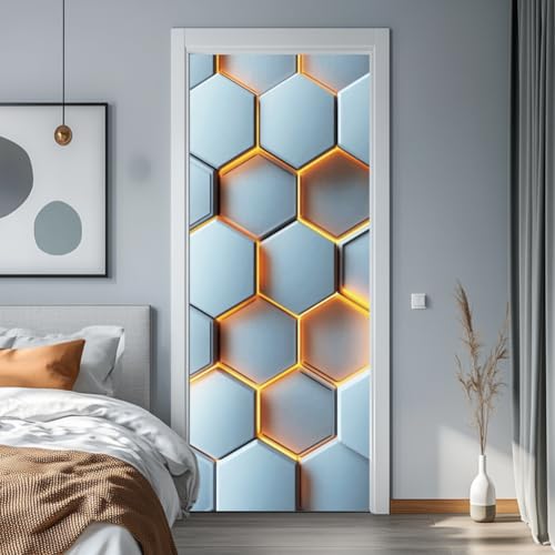 arricraft 2 Sheets Geometric Self-Adhesive Door Sticker, 31.5x78.7inch 3D Hexagon Pattern Door Murals Stickers PVC Removable Wallpaper Decoration for Bedrooms Living Room - style: Hexagon
