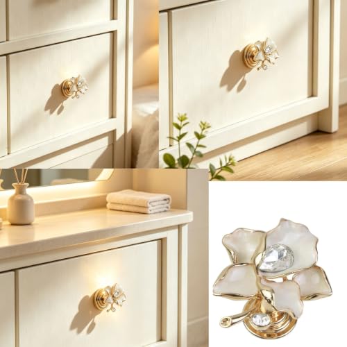 Geesatis Vintage Crystal Flower Knobs 4Pcs, White Cabinet Drawer - style: I-White