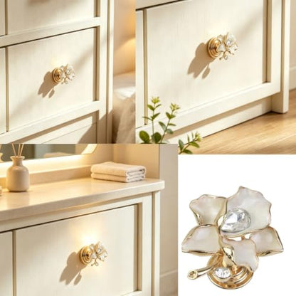 Geesatis Vintage Crystal Flower Knobs 4Pcs, White Cabinet Drawer - style: I-White