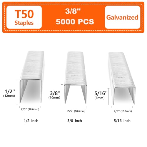 Heavy Duty T50 Staples 3/8" Length 3/8" Crown 5000 Pcs Galvanized - size: 3/8" - 5000 Count