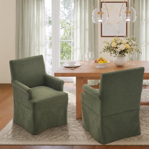 Arm Dining Chair Fabric Long Skirt Slipcovered High Back Upholstered Dinner - color: Green, size: 1 PC