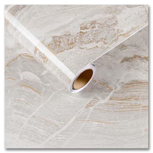 CRE8TIVE 24"x118" Beige Gold Marble Contact Paper for Countertops Waterproof Glossy Liquid Marble Wallpaper Peel and Stick Countertops Removable Self Adhesive Vinyl Warp for Kitchen Bedroom Table Desk - color: Glossy Beige Gold, size: 24" x 118"