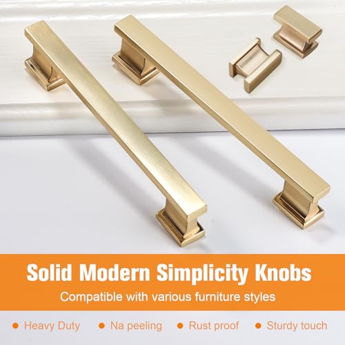VEHCIL 20 Pack Square Brushed Gold Cabinet Pulls, 7 Inch(178mm) Hole Centers Gold Cabinet Handles Hardware for Kitchen Cupboard Closet Bathroom Dresser Drawer, Solid Zinc Alloy - color: Brushed Gold, size: 7 Inch Hole Centers Pull