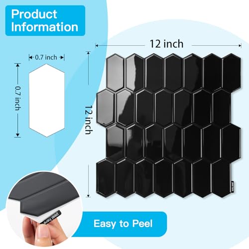 Art3d Hexagon Tile Peel and Stick Backsplash, 10-Pack, 12 x 12 Inch, Black - color: Black, size: 12 x 12 Inch