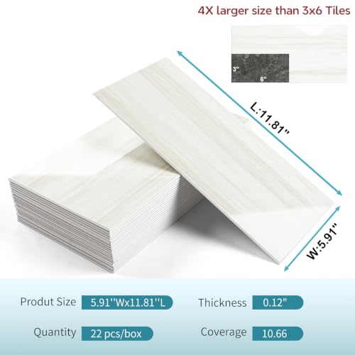 Vamos Tile Peel & Stick Backsplash, Glossy 22-Piece 6''x12'' Subway Tile - color: Dolomite with White Grout
