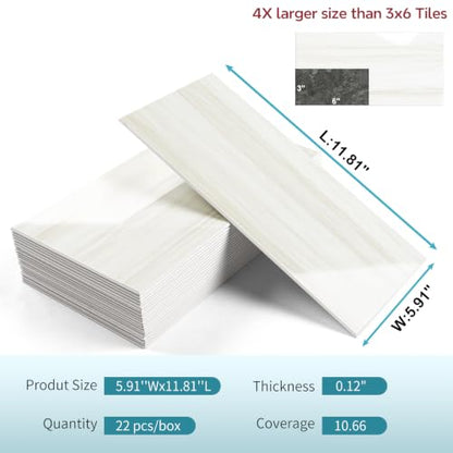 Vamos Tile Peel & Stick Backsplash, Glossy 22-Piece 6''x12'' Subway Tile - color: Dolomite with White Grout