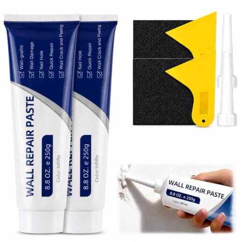 Efficient Drywall Repair Kit with Scraper, Wall Mending Agent White Spackle for Holes & Cracks, Fast Dry Wall Repair Paste for Dents, Tile Gap Filler, Complete Wall Repair Kit Indoor Outdoor (2PC)