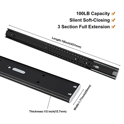 LONTAN 2 Pairs Black Soft Close Drawer Slides 18 Inch Heavy Duty Runners - color: Black, size: 18 Inch