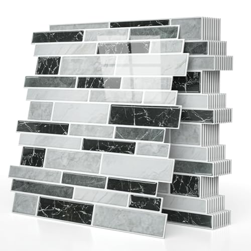 Vieshful Marble Peel and Stick Backsplash, 12 x 12 in, 20 Sheets - color: Black Grey Marble Mix, size: 20 Sheets