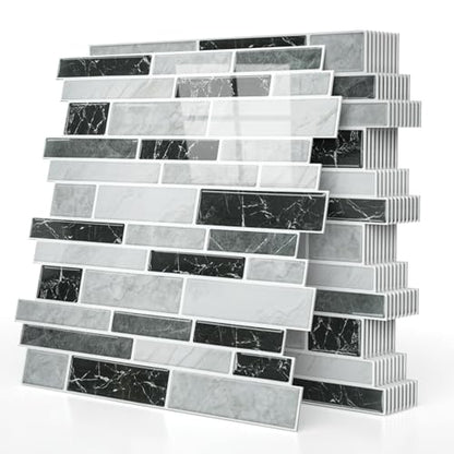 Vieshful Marble Peel and Stick Backsplash, 12 x 12 in, 20 Sheets - color: Black Grey Marble Mix, size: 20 Sheets
