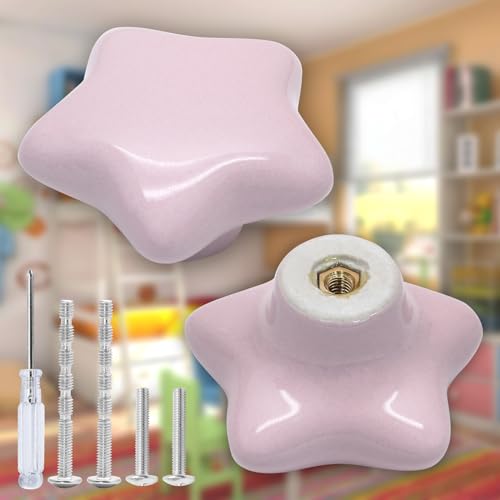 2pcs Ceramic Star Light Pink Drawer Knobs for Kids - color: Light Pink + Star Shape, size: 2 Pack