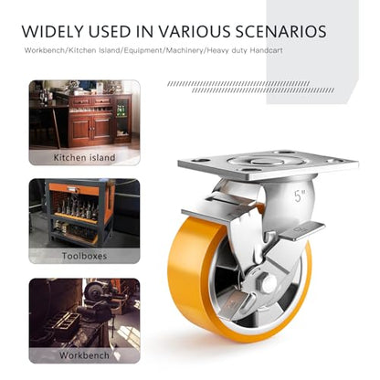 5 Inch Heavy Duty Casters Set of 4, Industrial Locking Casters 5000lbs Load Capacity, Plate Swivel Castor Wheels for Heavy Duty Carts, Workbench, Equipment, Platform Truck (Orange) - style: 5″ With brake