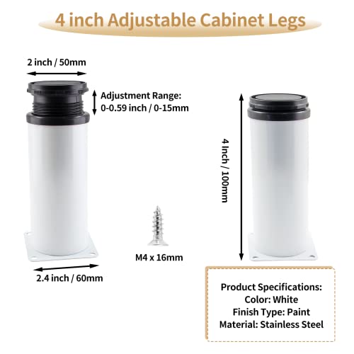 Bivethoi Adjustable Cabinet Legs, 4 Inch/100mm, Set of 4, White - size: 4 Inch