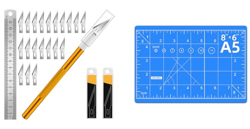 DIYSELF 1 Pcs Craft Knife Hobby Knife with 20 Pcs Stainless Steel Blades Kit and Blue Cutting Mat 6in×8in (Gold)
