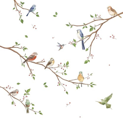 Runtoo Bird on Tree Branch Wall Decals Watercolor Birds Flower Wall Stickers Bedroom Living Room Office Home Decor