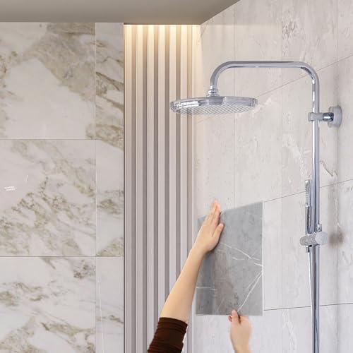 HARFINGTON 15pcs Peel and Stick Marble Tiles, Waterproof Wall Panel Backsplash, 12"x12" PVC Peel and Stick Shower Tiles for Bathroom, Kitchen, Living, Thunder Grey Design - style: Thunder Grey