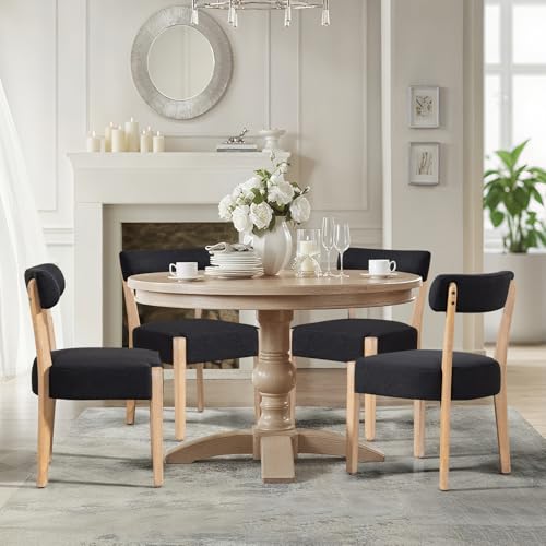 ZJhome Dining Chairs Set of 4, Mid-Century Modern Wooden Kitchen Chairs with Linen Upholstery - Low-Back Woven Design for Kitchen & Dining Room,Black Fabric - color: Black, size: Set of 4
