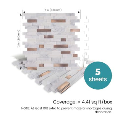 Nicesungdeco 3D Natural Real Stone Peel and Stick Mosaic Backsplash Tiles, 12" x 12" 5-Sheet Backsplash Self Adhesive Tiles for Kitchen Fireplace Vanity (White Gold) - color: WHITE GOLD
