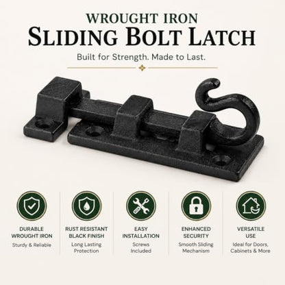 Renovators Supply Manufacturing Door Lock Latch 3.8 in. Black Wrought Iron Pig Tail Tip Styled Slide Bolt Latch with Mounting Hardware - size: Pack of 1, style: 3.88 inch - Curled Tail