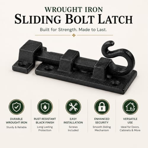Renovators Supply Manufacturing Black Slide Bolt Door Latch 3 7/8 in. Long Wrought Iron Metal Surface Sliding Bolts with Catch for Cabinet Doors Rust Resistant Security Locks with Hardware Pack of 2 - size: Pack of 2, style: 3.88 inch - Curled Tail