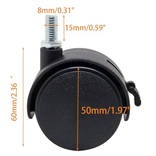 Locking Casters Set of 4, M8 Threaded Plastic Stem Caster Wheels 2 inch, Black Nylon Swivel Caster Wheels Replacement for Furniture, Office Chair, Table, Cabinet, Shelf - style: 2 Inch with Brake-M8 Threaded Stem