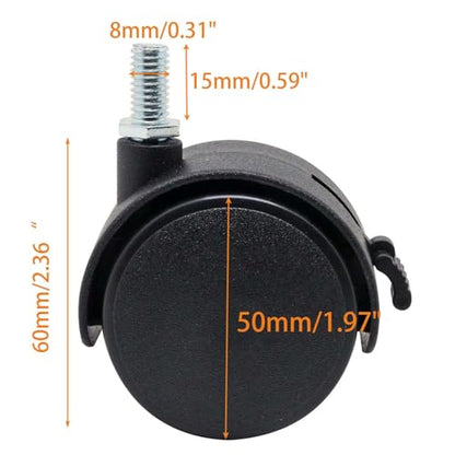 Locking Casters Set of 4, M8 Threaded Plastic Stem Caster Wheels 2 inch, Black Nylon Swivel Caster Wheels Replacement for Furniture, Office Chair, Table, Cabinet, Shelf - style: 2 Inch with Brake-M8 Threaded Stem