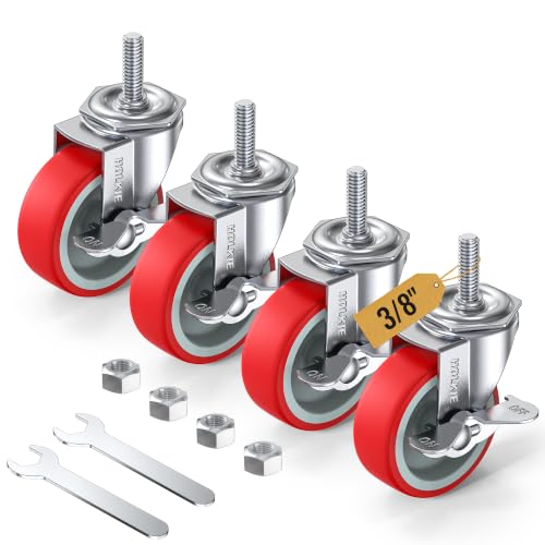 HOLKIE Stem Casters Wheels Set of 4 Standard US 3/8"-16 x 1-1/2" with Brake - style: Red-With all brake