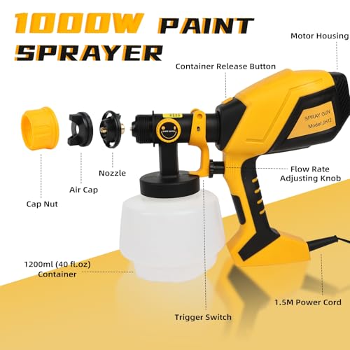 1000W HVLP Paint Sprayer High-Efficiency Electric Spray Gun with 6 Nozzles, 3 Patterns & Adjustable Flow, 40oz (1200ml) Detachable Container, Easy to Clean, for Home Improvement Projects