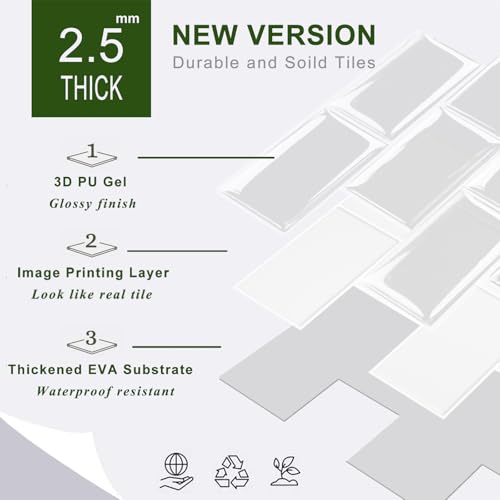 STICKGOO 10-Sheet Peel and Stick Subway Tile, Stick on Tiles Backsplash for Kitchen & Bathroom in White (Thicker Design) - color: White