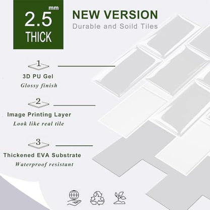 STICKGOO 10-Sheet Peel and Stick Subway Tile, Stick on Tiles Backsplash for Kitchen & Bathroom in White (Thicker Design) - color: White