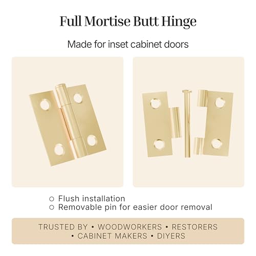 Brass Butt Hinges with Removable Pin - 1-1/2" x 1-1/2" - Pack of 2 - Cabinet Door Hinges - UA-266-HPB (1) - color: Brass